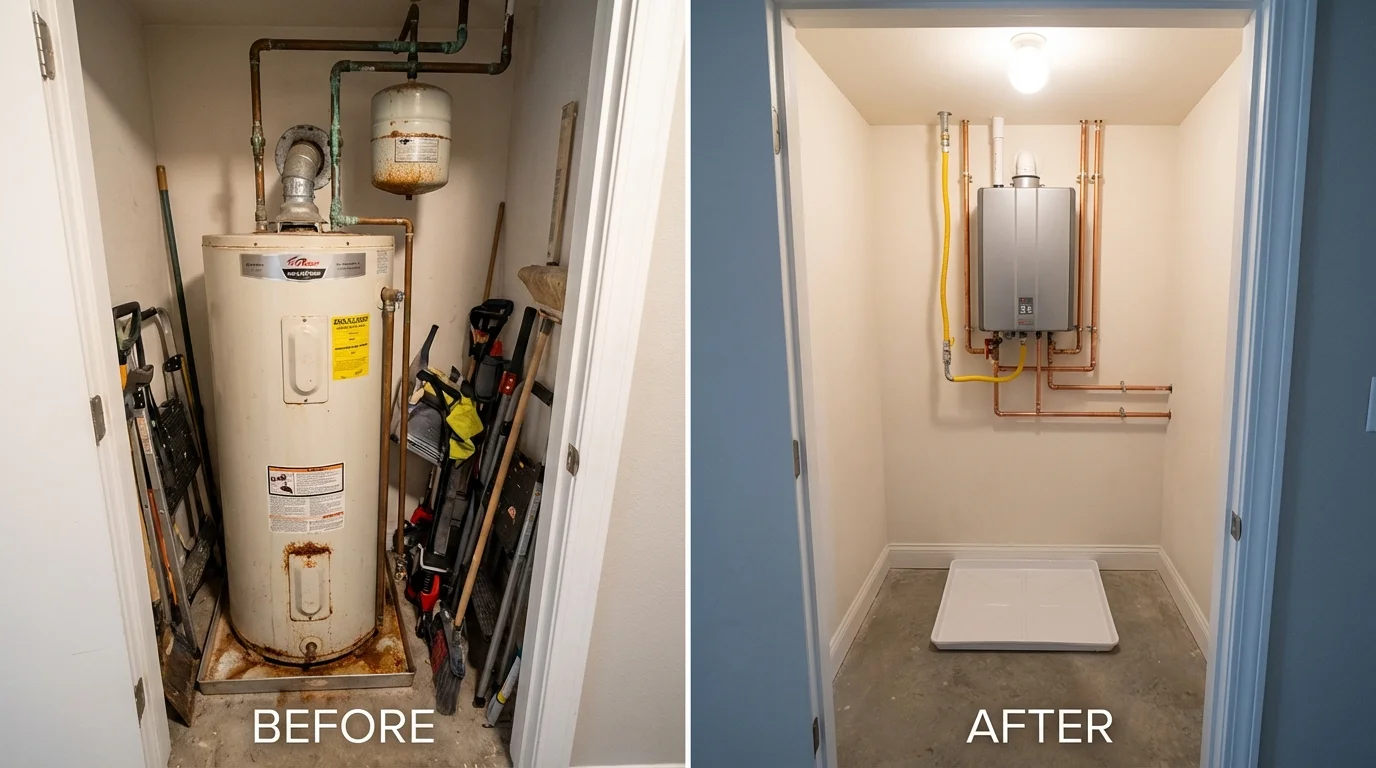 Tank water heater versus wall-mounted tankless unit comparison for Janesville, WI homeowners