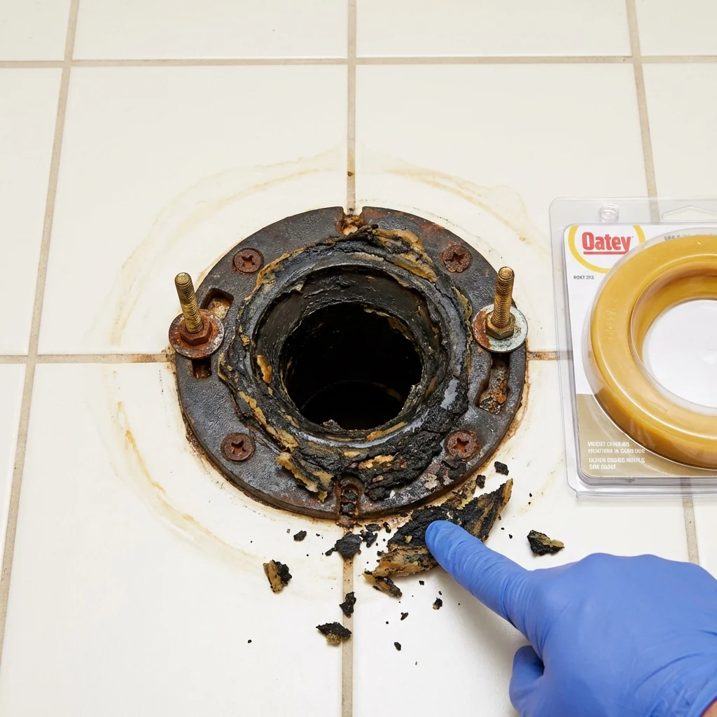 Failed wax ring showing water seepage at the base of a toilet in a Janesville, WI home