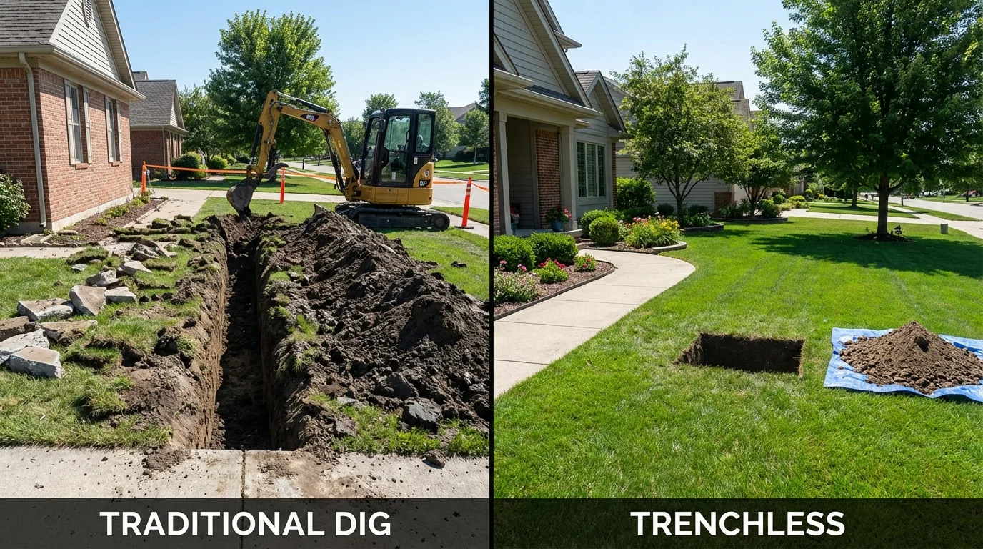 Trenchless sewer repair with minimal yard damage versus traditional excavation in Janesville, WI